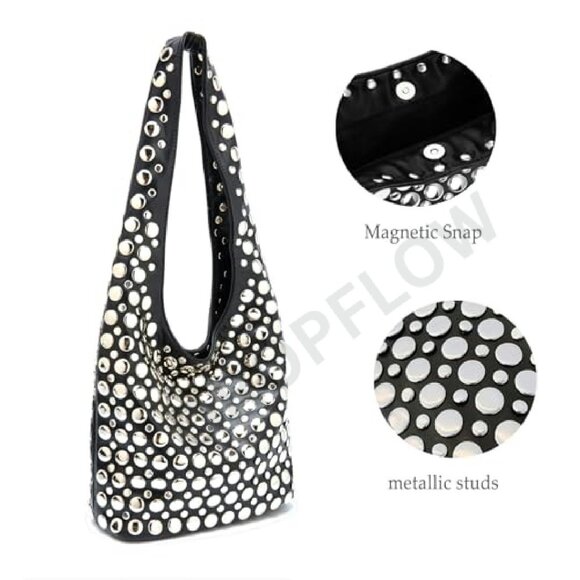 Studded Hobo Bag Y2K Punk Shoulder Purse Soft Leather Bucket Tote - Picture 6 of 8
